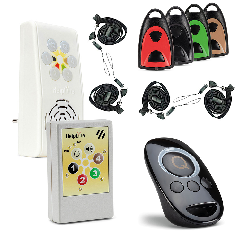 HELPLINE 230 Notrufsystem für Praxen mit 4 Funksendern, Steckdosen-und mobilem Empfänger und Quittierungssender